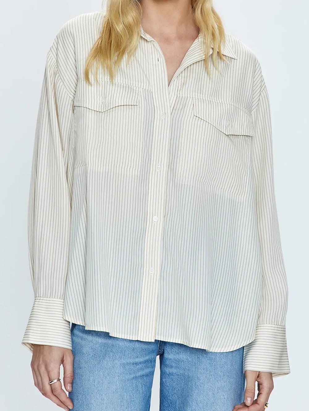 pistola || Nellie oversize button-up shirt in tan white pinstripe